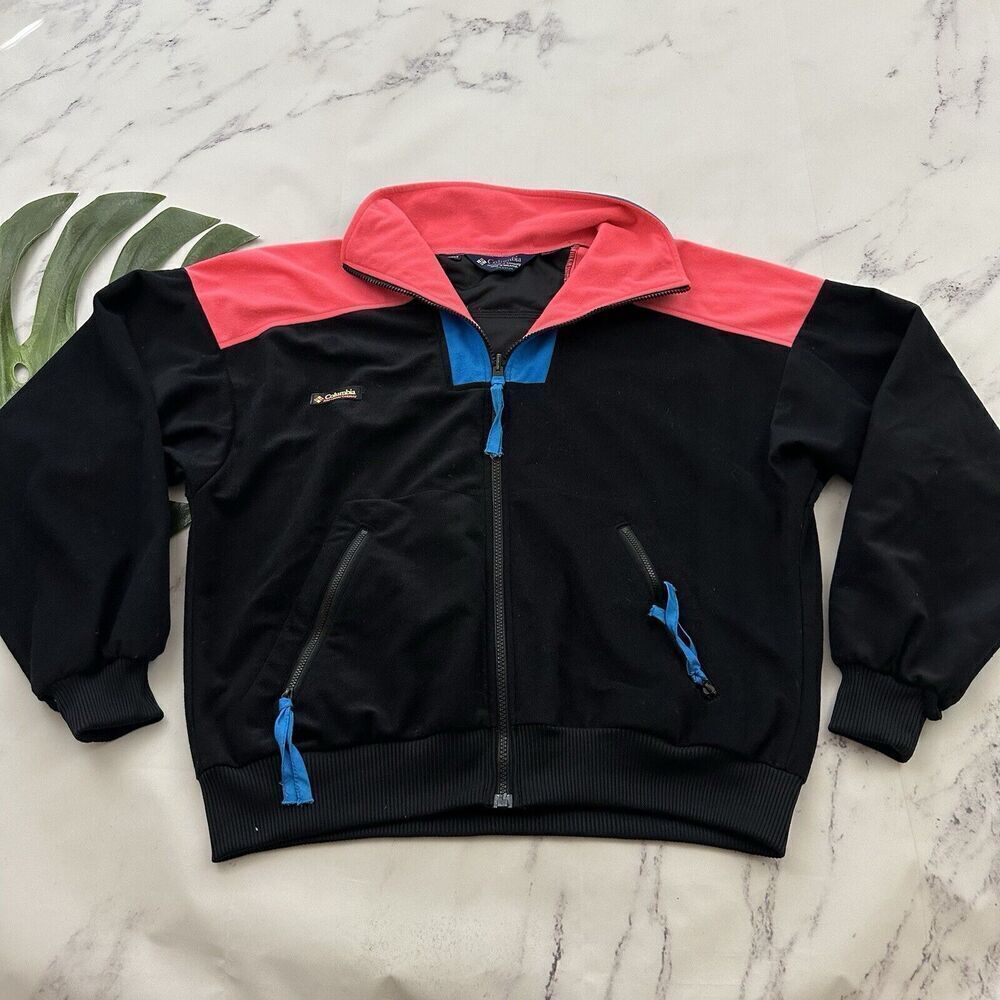 Columbia Womens Vintage 90s Fleece Jacket Size XL Black Pink Zip Up Colorblock